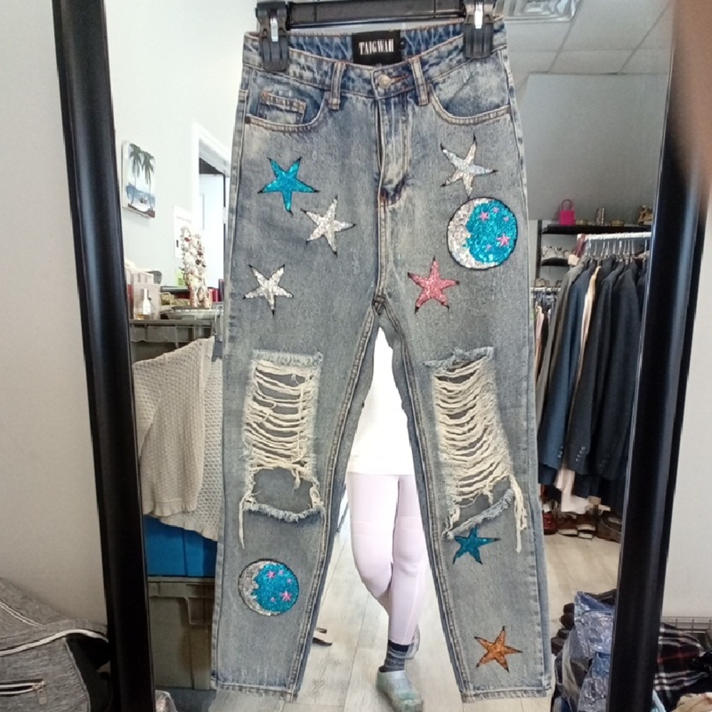 Taigwah LF DENIM Star & Moon Pactch Jeans